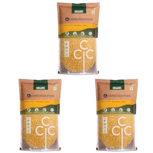 Image of Conscious Food Organic Yellow Moong Dal | 1 Kg | Unpolished | Certified Organic | Mung Dal, Mug Dal, Yellow Lentils (Pack of 3)