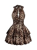 Floerns Women's Plus Size Cheetah Halter Short Dress Sleeveless Shirred Layered Ruffle Hem Y2k Going Out Mini Dresses Brown 3X-Large Plus