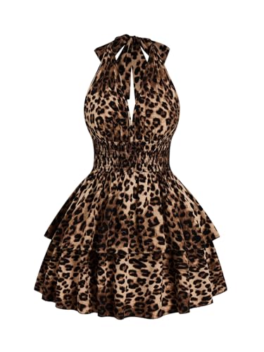 Floerns Women's Plus Size Cheetah Halter Short Dress Sleeveless Shirred Layered Ruffle Hem Y2k Going Out Mini Dresses Brown XX-Large Plus