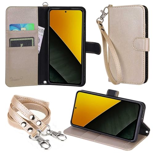 wisers Xiaomi POCO M7 Pro 5G ケース 手帳型 スマホケース 対応 (ゴールド) ストラップ 2種付き (ハンドストラップ/ネックストラップ) 2025年 新型