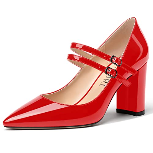 MERRORI Women's Patent Pointed Toe Block Adjustable Strap Buckle Solid Chunky High Heel Pumps Shoes 3.3 Inch - Main Image