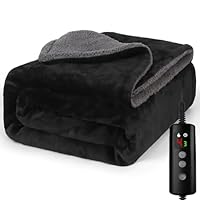 PROALLER Heated Blanket, Electric heated throw 160x130CM Black, 10 Levels &1-9H Timer Auto-Off, Machine Washable, Soft Flannel Sherpa Body Warming, Sofa Bed Office Use, warm blanket, electric throw