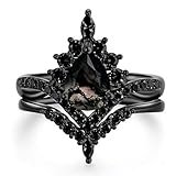 Moss Agate Wedding Black Ring Set for Women 925 Sterling Silver Natural Moss Agate Pear Shaped Engagement Ring Set Black Customizable Promise Bridal Stacking Rings Goth Rings Gift for Wife