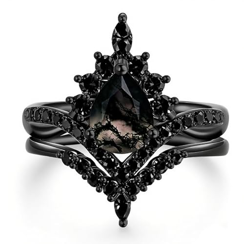 Moss Agate Wedding Black Ring Set for Women 925 Sterling Silver Natural Moss Agate Pear Shaped Engagement Ring Set Black Customizable Promise Bridal Stacking Rings Goth Rings Gift for Wife