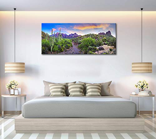 Klvos Cactus Landscape Wall Art Colorful Sunset With Saguaros In North American Sonoran Desert Painting Gallery Wrapped Botanical Cactus Picture Framed For Living Room (20"X48", Saguaro Cactus) #TOP3