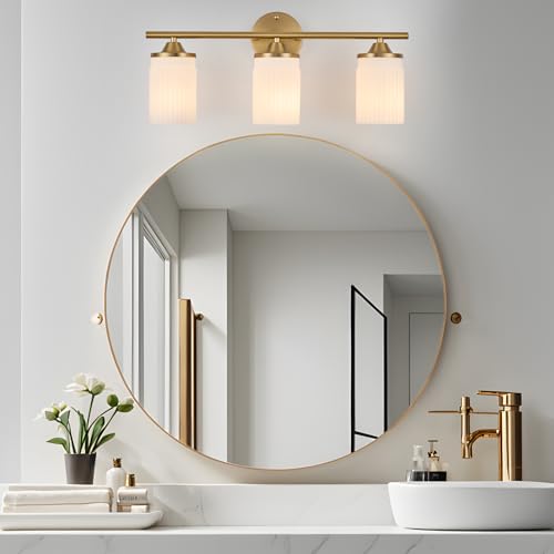 Image of Jonsi Gold Bathroom Light Fixtures 3-Light Vanity Lights Modern Wall Sconce with Milk White Shade Brushed Brass Bathroom Light Fixture Over Mirror for Bedroom Hallway Kitchen