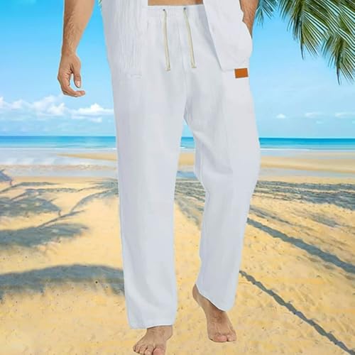 Men's Beach Pants Casual Loose Breathable Elastic Drawstring Waist Pants Straight Leg Solid Color Trousers2