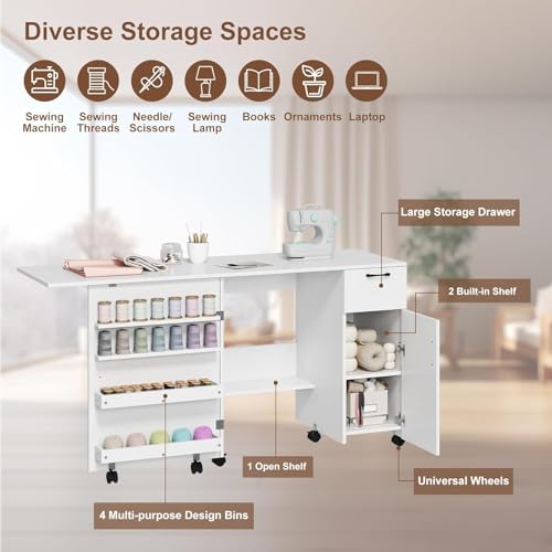 Folding Sewing Machine Table with Storage Shelves and Sliding Drawer, Craft Station with Lockable Wheels, Rolling Side Desk for Sewing Machine for Home, Bedroom, Small Spaces, White