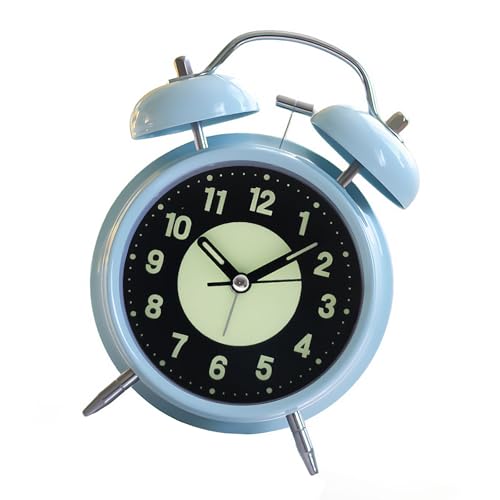 ヴィンテージツインベル目覚まし時計常夜灯付き大音量睡眠者向け緑色蛍光ダイヤル電池式カチカチしない静かな目覚まし時計