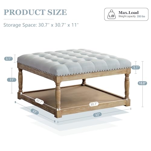 HUIMO 33-inch Large Square Ottoman Coffee Tables for Living Room, Tufted Upholstered Linen Ottoman with Storage Shelf and Solid Legs for Office Bedroom Farmhouse (Light Blue) - Thumbnail 2