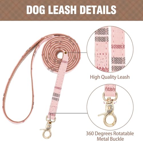 Hundehalsband und Leine mit Fliege, Set für kleine Hunde – Welpenleine Halsbänder klassisch rosa kariert – verstellbare Größe mit Goldener Glocke – perfekt für kleine Rassen und Mädchen