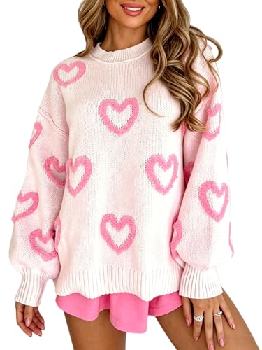 Women's Cute Heart Sweater Love Print Valentines Day Knitted Top Casual Crewneck Long Sleeve Sweaters Pullover (Adorable Pink, S)
