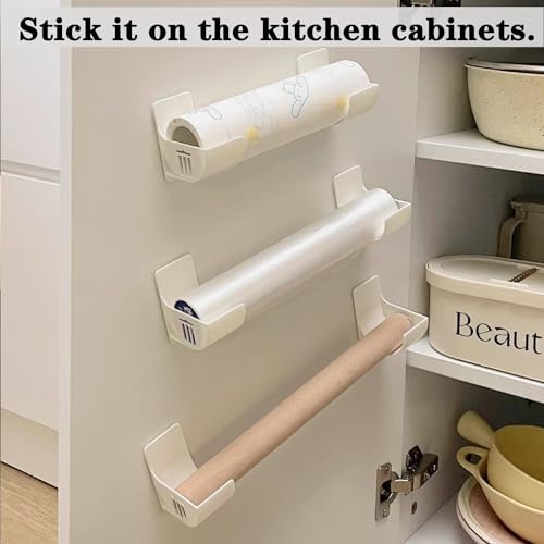 inki Alufolie Halter Schranktür Organizer Wandregal Selbstklebend, 2 Set Alufolie Halterung für Backpapier, Zinnfolie, Wachspapier, Speisekammertür, Wand Montierter Müllsack Organisator, Weiß