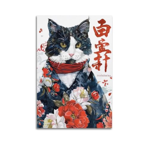Poster Omedetou Kimono Tuxedo Cat 03 vintage sur toile 60x90 cm