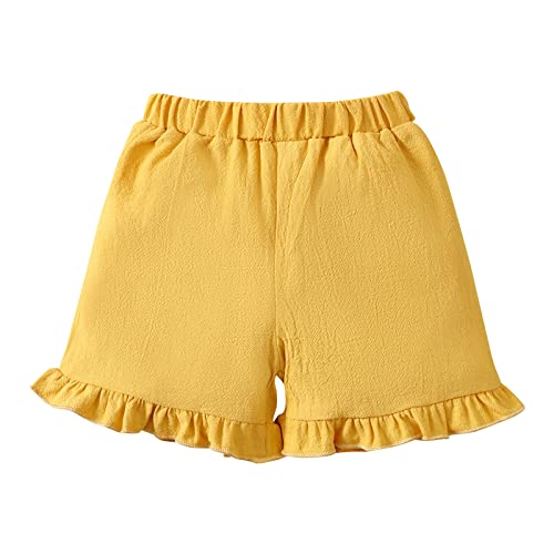 ROMPERINBOX Toddler Baby Girl Summer Outfits Floral Ruffle Sleeveless Tank Top Linen Shorts Set+ Headband 3Pcs(Yellow, 2-3 Years)
