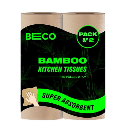 Bamboo - 2 Ply Kitchen Tissue/Towel Roll | 120 Pulls (60 pulls x 2 Rolls) | 100% Eco-Friendly - Pure Bamboo Pulp |Soft & Super Absorbent | Food Safe &