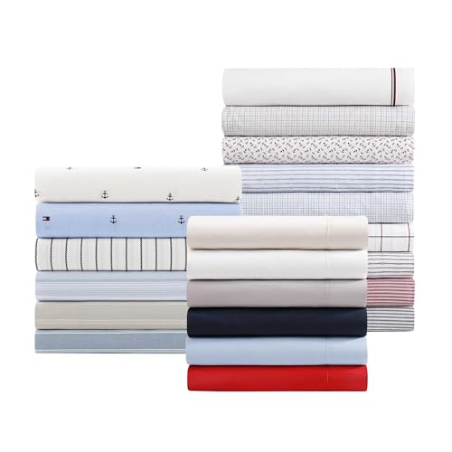 Image of Tommy Hilfiger - King Size Sheet Set, Soft Cotton Percale Bedding with Crisp Cooling Comfort, Deep Pocket Fitted Sheet with Matching Pillowcases, Americana Decor (Nautical Anchor Light Blue)