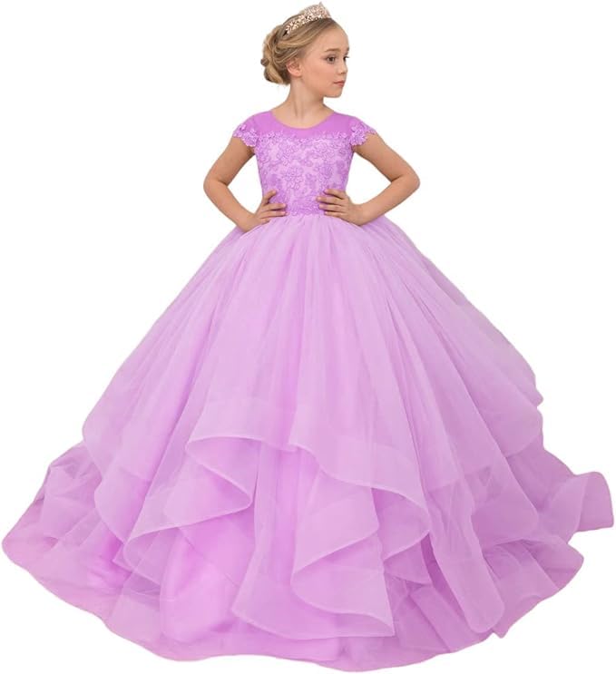 HYGLJL Sheer Neck Pageant Dress for Girls 7-16 Short Sleeves Blush Pink Flower Girl Dresses for Wedding