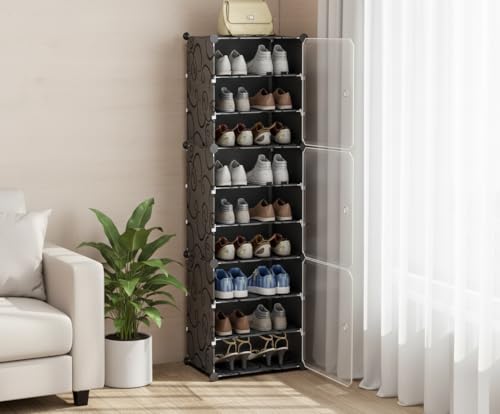Image of KRISHYAM 9-Tier Portable Shoe Rack Organizer with 3 Doors | Modular Plastic Cube Storage Cabinet for Hallway, Bedroom, Closet & Entryway | Holds Up to 18 Pairs | Black