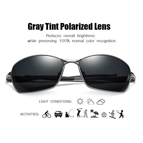 Wraparound Polarized Sunglasses Large Square Rectangle Metal Frame for Men Driving Fishing (Gunmetal/Gray, 60) - Thumbnail 4