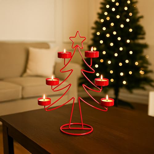 Image of MARKET 99 X-Mas T-Lite Holder with 6 Wax T-Lites Included Red Metal Xmas & Christmas Tree Design Glossy Candle Holder for Home, Living Room, Bedroom, Tabletop & Festival Decor