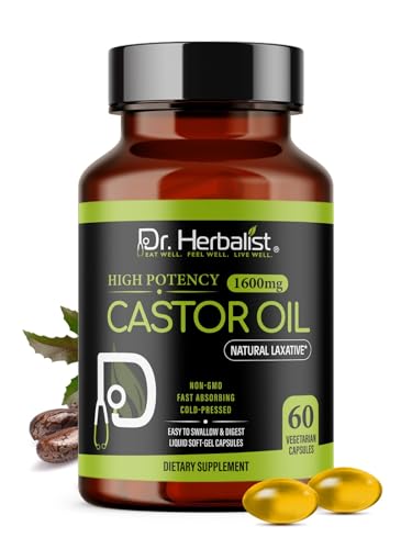Dr. HERBALIST Castor Oil Capsules 1600mg - Cold-Pressed Ricinus Communis Seed Oil No Fennel - 60 Easy-Swallow Vegetarian Softgels (30 Servings) - Castor Oil Pills for Hair & Skin - Halal