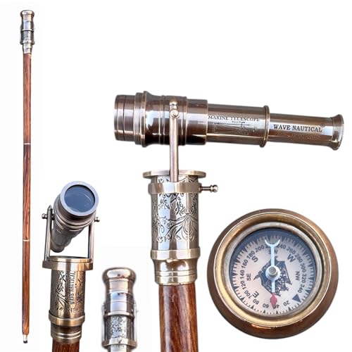 Wave Nautical Marine Telescope Walking Stick,Victorian Vintage Brass Compass On