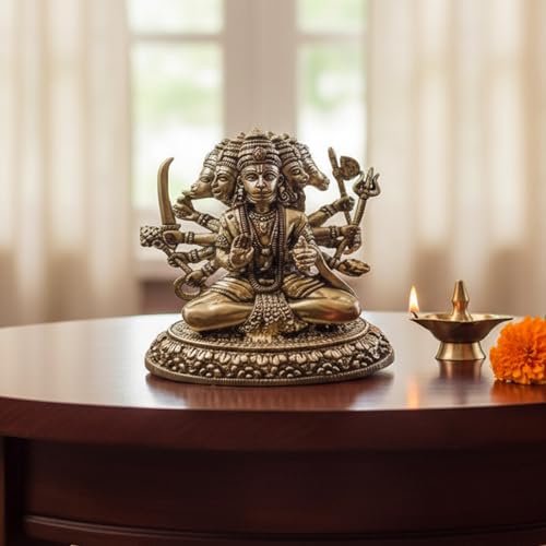 Image of eCraftIndia Golden Brass Panchmukhi Hanuman Ji Murti | Panchmukhi Hanuman Statue for Door Entrance