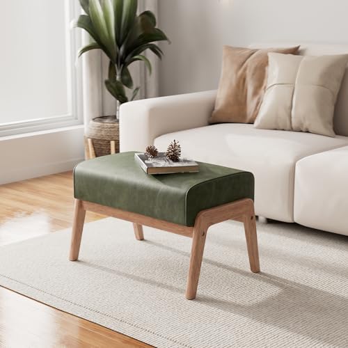 ACONUP Modern Ottoman Foot Stool, Faux Leather Accent Sofa Footrest with Walnut Rubber Wood Frame, Ottoman Bench for Living Room Entryway Bedroom Sofa Seat, Hunter Green