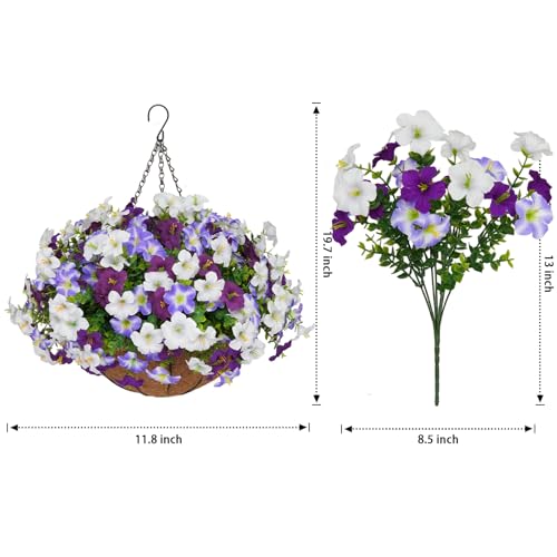 Image of 2 Set Artificial Hanging Flowers with Basket for Outdoor Decor, 24 Pcs Silk Petunias Fake Plants for Porch Garden Patio Balcony Yard Home Decoration