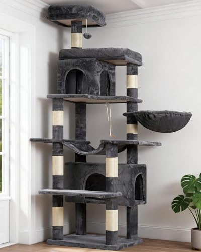Heybly Kratzbaum 145 cm Hoher Mehrstöckiger Kratzstamm-Kletterturm Mit 2 Großen Plattformen 2 Großer Katzennestern Katzenkorb Hängematte Ballspielzeug Rauchgrau HCT016G