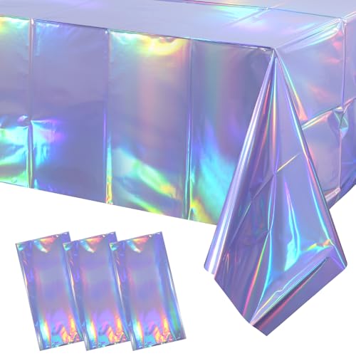 Image of 3 Pack Iridescent Light Purple Tablecloth for Parties, Pastel Purple Holographic Plastic Table Cover, Disposable Laser Purple Table Cloth for Birthday Wedding Baby Shower Party Decorations, 54x108Inch