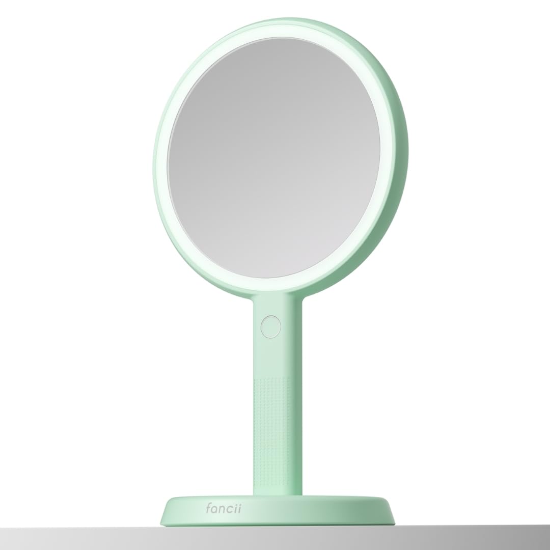 Fancii Cami - Specchio portatile da viaggio con luci, ricaricabile, extra large, con ingrandimento 5X/1X, illuminazione a 3 colori, portatile o da trucco (pistacchio)