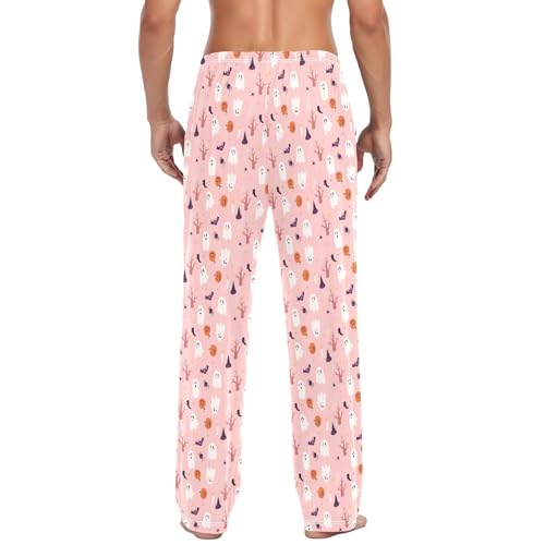 Cute Halloween Pumpkin Ghost Pink Men's Pajama Pants Cotton Sleep Bottoms with Drawstring A23044392