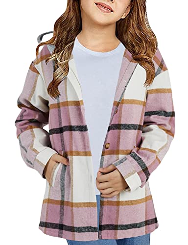 Image of Girls Cute Flannel Plaid Button Down Top with Pockets Long Sleeve Hooded Jacket