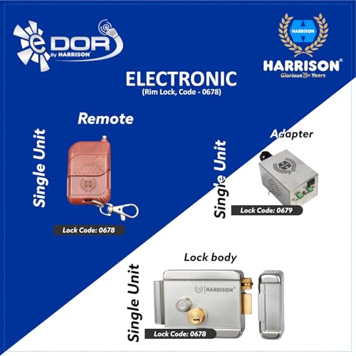 Image of Harrison Electronic Rim Lock with Adopter and 2 Remote | 4 Keys | Stainless Steel Electric Lock for Main Door, Wooden Door, Metal Gate Lock with Reversible Bolt & Free Mode | 0683 Door Electric Lock
