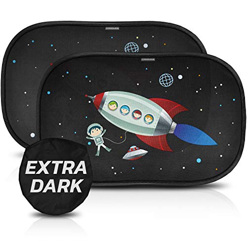 Parasol coche infantil con proteccin UV certificada extra oscura - autoadhesivo, para proteger del sol a bebs y mascotas, 2 parasoles para beb con con astronauta M/L de 51x31 cm