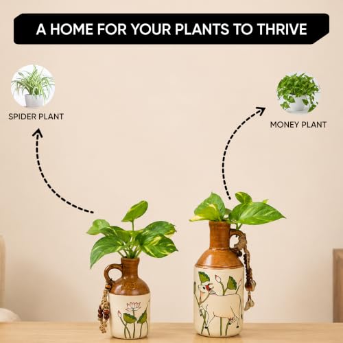 Image of AAKRITI ART CREATIONS Ceramic Planter Bottles Set of 2 | Pichhwai Art, Off-White Glossy Finish | Decorative Vases for Home Decor | Flower Pots & Tabletop Decor for Living Room