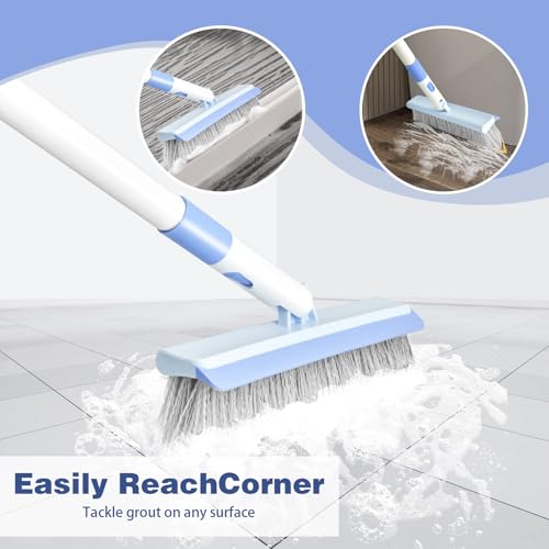 Image of Floor Scrub Brush and V-Shape Grout Brush with Long Handle 3 in 1 Replaceable Head Scrape Brush Stiff Bristle with Swivel Head for Cleaning Tiles Hardwood Floors Patios Blue