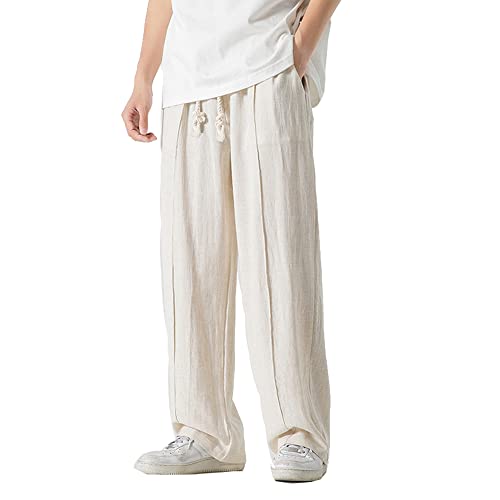 Seidarise Men's Linen Harem Pants Casual Loose Cotton Hippie Yoga Beach Pants Straight Fit Beige