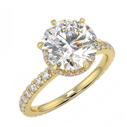 3CT Round Cut Moissanite Engagement Ring for Women 10K/14K/18K White/Yellow/Rose Gold Hidden Halo Simulated Diamond Rings 6-Prong Solitaire Wedding Rings, D Color, VVS1 Clarity