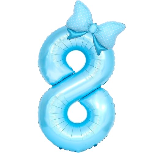 Image of Light Blue 8 Balloon Number Blue theme Birthday Decorations for Girls, Bow Balloon Foil Mylar Large 40 inch 8 Balloon for Girls Butterfly Coquette 8th Birthday Party Decorations Supplies