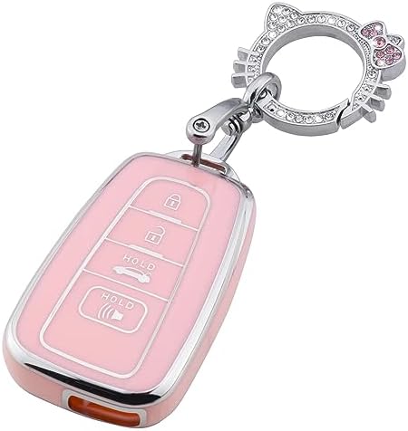 Pink Key Fob Cover for Toyota, Soft TPU Key Case Protection with Bling Keychain Fit for 2018-2022 Camry RAV4 Highlander Avalon C-HR Prius Corolla GT86 Smart Key Holder