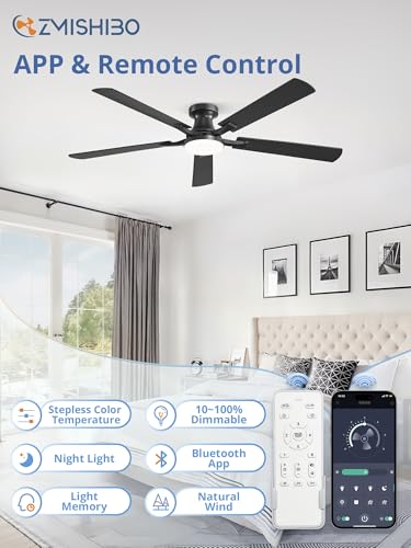 Image of ZMISHIBO 60 Inch Ceiling Fan with Light, App&Remote Control, Flush Mount Low Profile, Dimmable 20W LED Light, Quiet Reversible Motor for Bedroom, Living Room, Apartment, Black