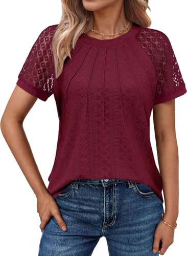 Pawate Spitzen Bluse Damen Kurzarm Oberteil Sommer Shirt elegant Tunika blusen(Weinrot/M)
