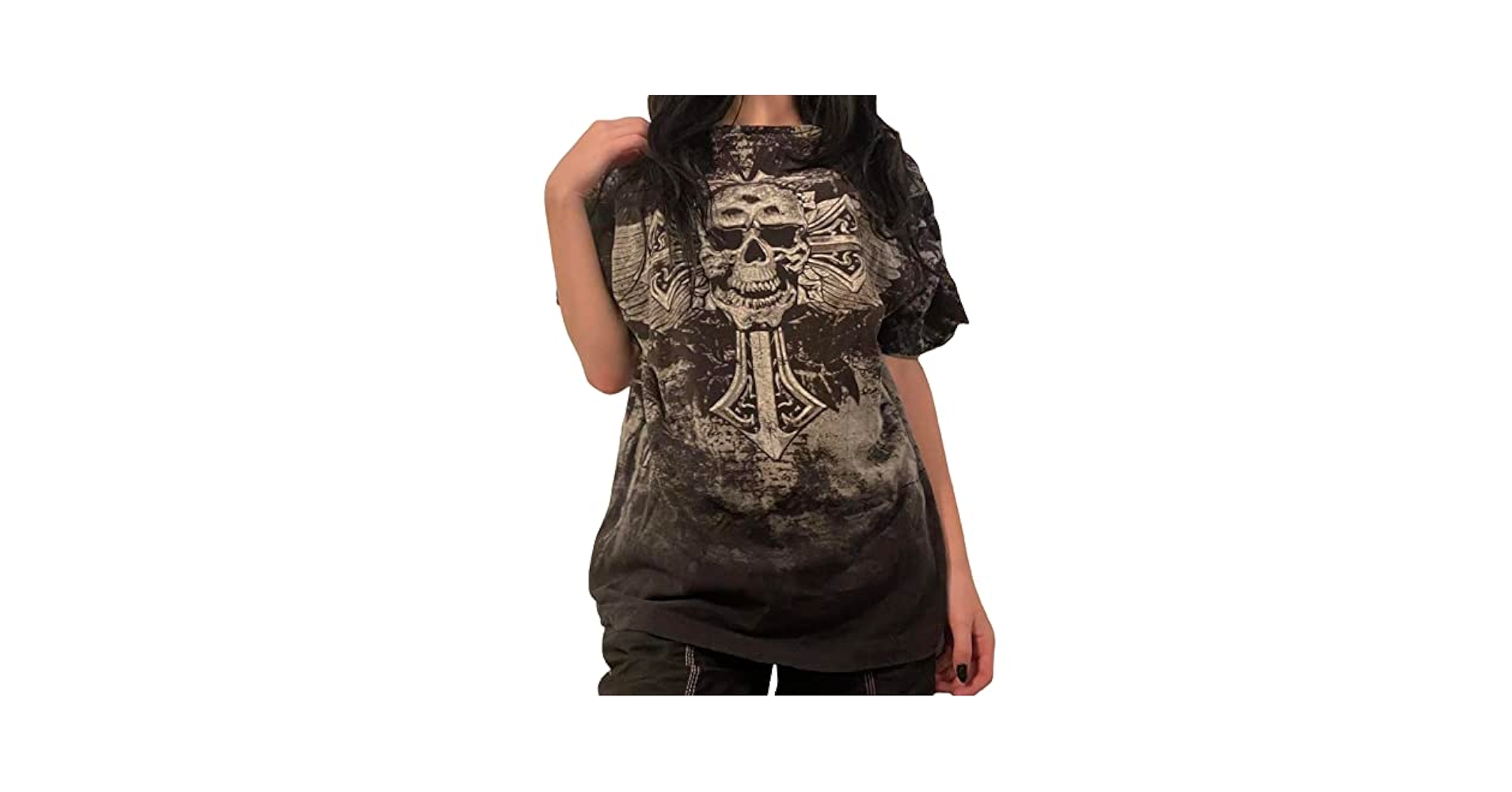 burnings sho y2k スカル カットソー tシャツ Y2K Moon Skull Skeleton Hand Oversized T Shirt Bleached