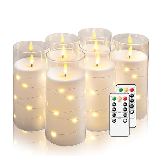 Flickering Flameless Candles with Remote Timer, 6pcs LED Battery Operated Candles with Embedded String Lights White, D3 H6