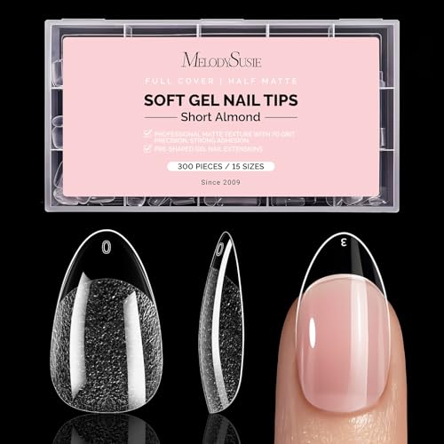 Image of MelodySusie Short Almond X Nail Tips - 300Pcs 15 Sizes Clear Acrylic,Half Matte Full Cover Press on Nails for DIY Extension & Salon Use,Pre-Shaped for Long-Lasting Manicure
