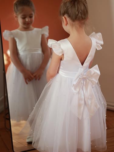 Pearl Tulle Flower Girl Dress for Wedding Bow-Knot Ruffle Sleeve Ball Gowns V-Back Satin Birthday Pageant Long Dress4