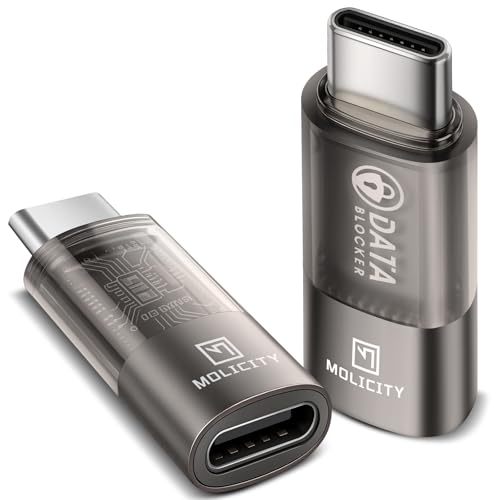 Molicity USB-C to USB-C Data Blocker (2-Pack), Max up to 5A/240W PD Fast Charging, Transparent USB Type-C Female to Male Data Blocker Charge-Only, Protect Against Juice Jacking for Safe Charging-Grey